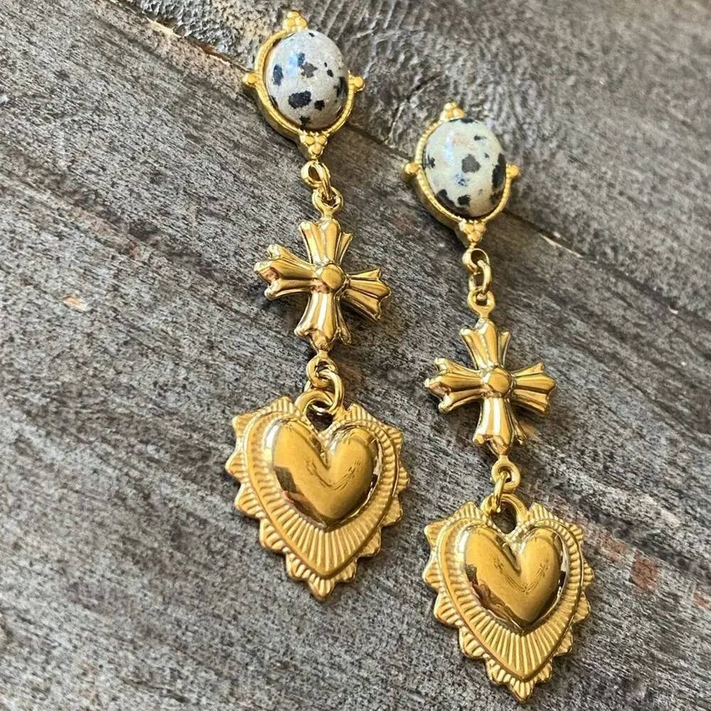NEW Gold Cross Dalmatian Jasper Heart Dangle Earrings